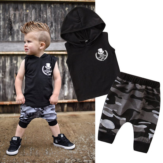 2PCS Toddler Kids Baby Boy Sleeveless Hooded Clothes T-shirt Tops Camo Pants Outfits - Eshtree