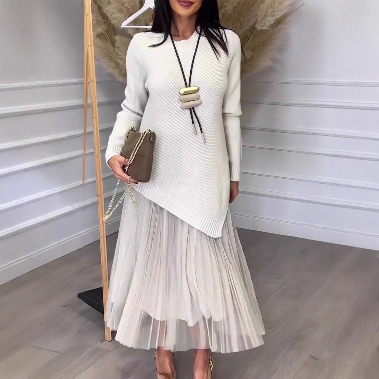 Lined Mesh Pleats Dress Suit For Women