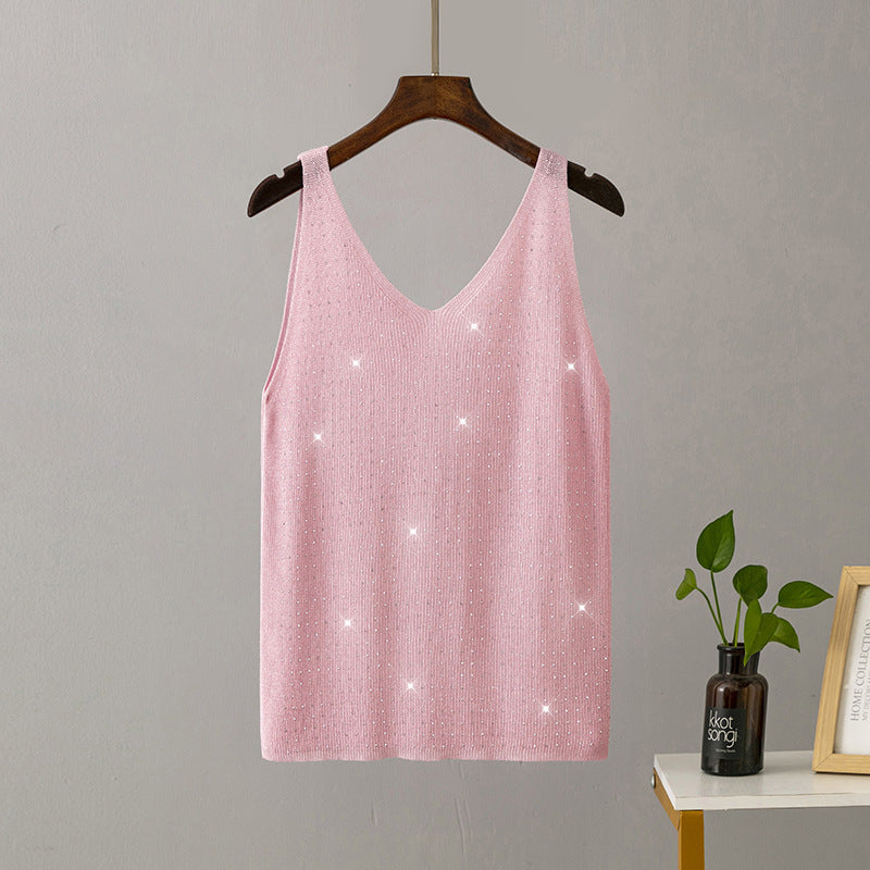 Ice Silk Knitted Bright Thread Diamond-encrusted V-neck Camisole