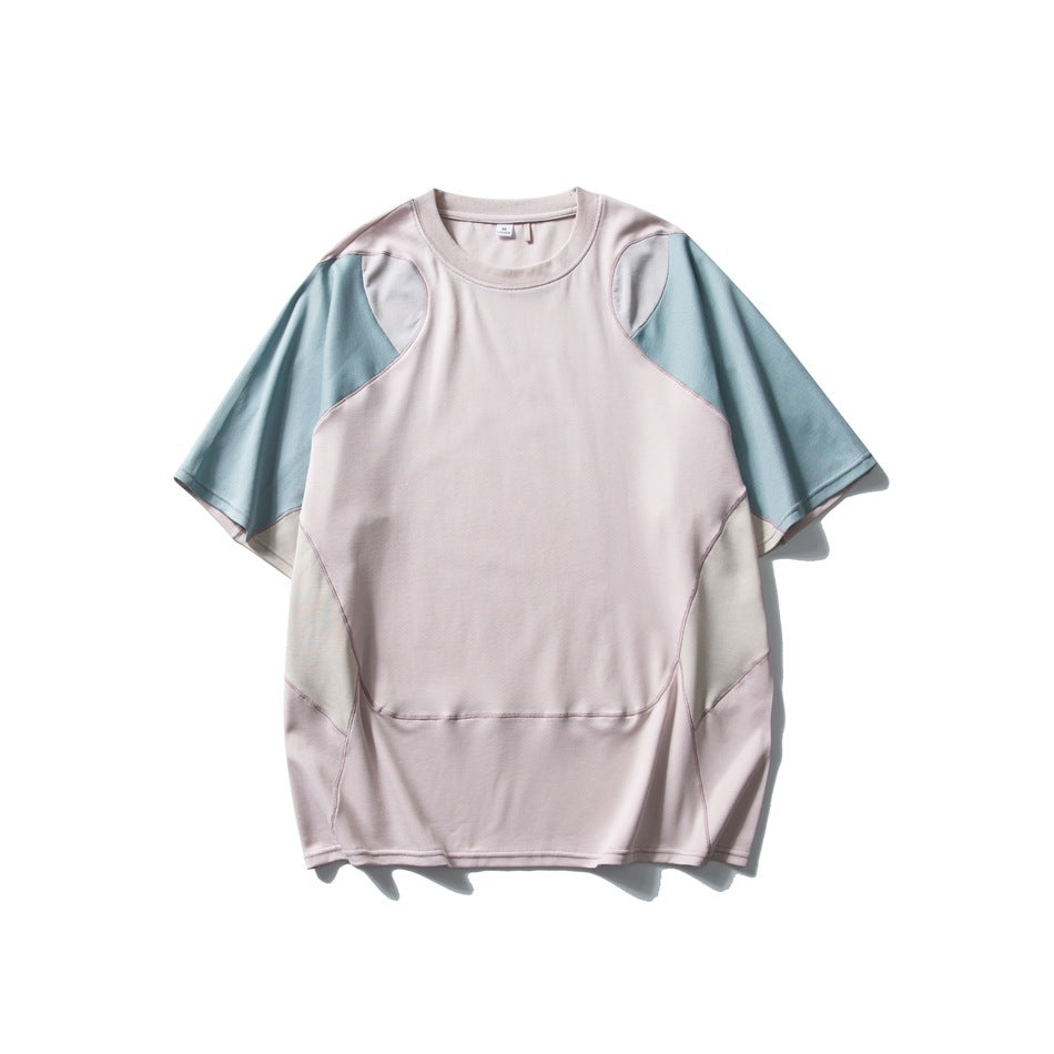 تيشيرت رياضي رجالي بأكمام قصيرة فضفاضة بتصميم مرقع بألوان متناقضة