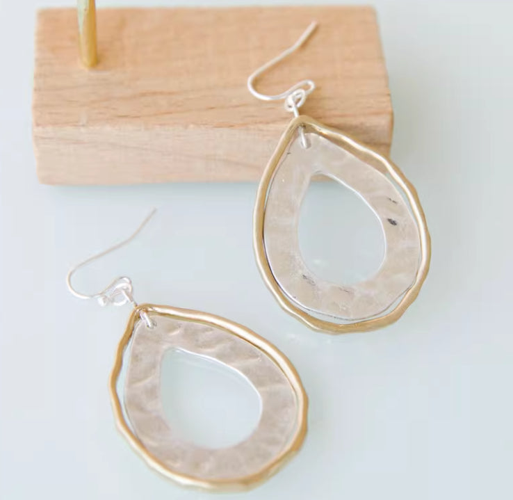 Womens Minimalist Feng Shui Drop-Shape Metal Double-Layer Earrings With Water Ripple Design