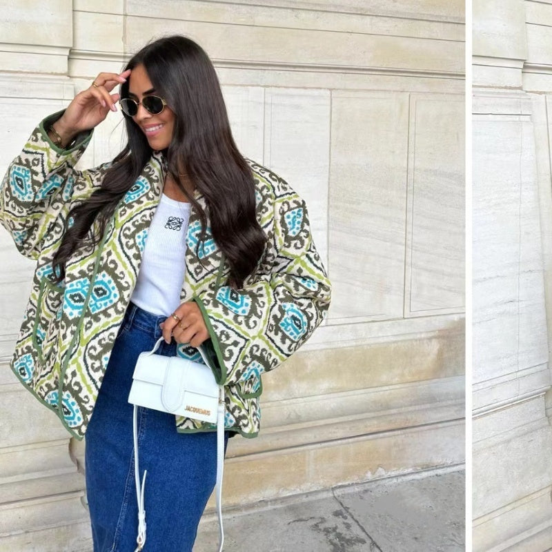 Fashion Printed Fake Two Pieces Contrast Color Small Stand Collar Cotton-padded Coat