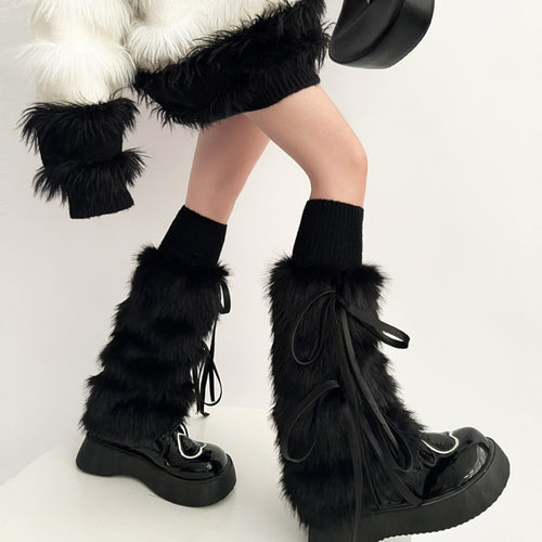 Autumn And Winter Lace Up Fur Leg Warmer Thickened Middle Foot Sock