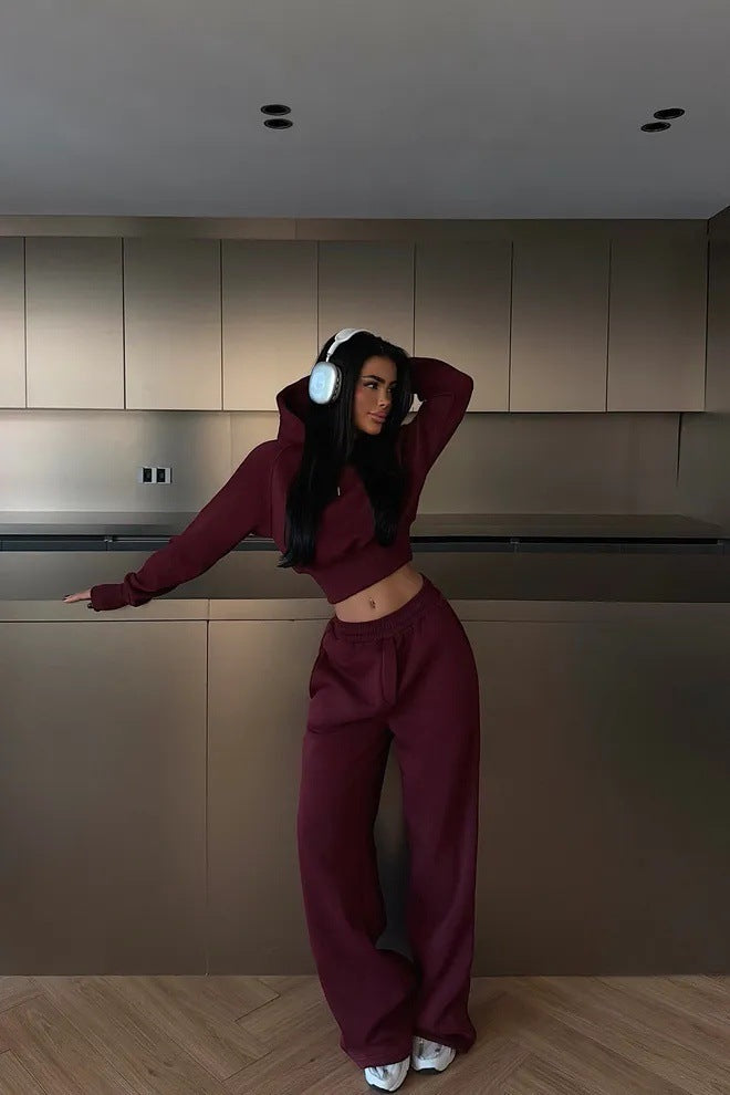 Round Neck Long-sleeve Suit Women's Pocket Pants