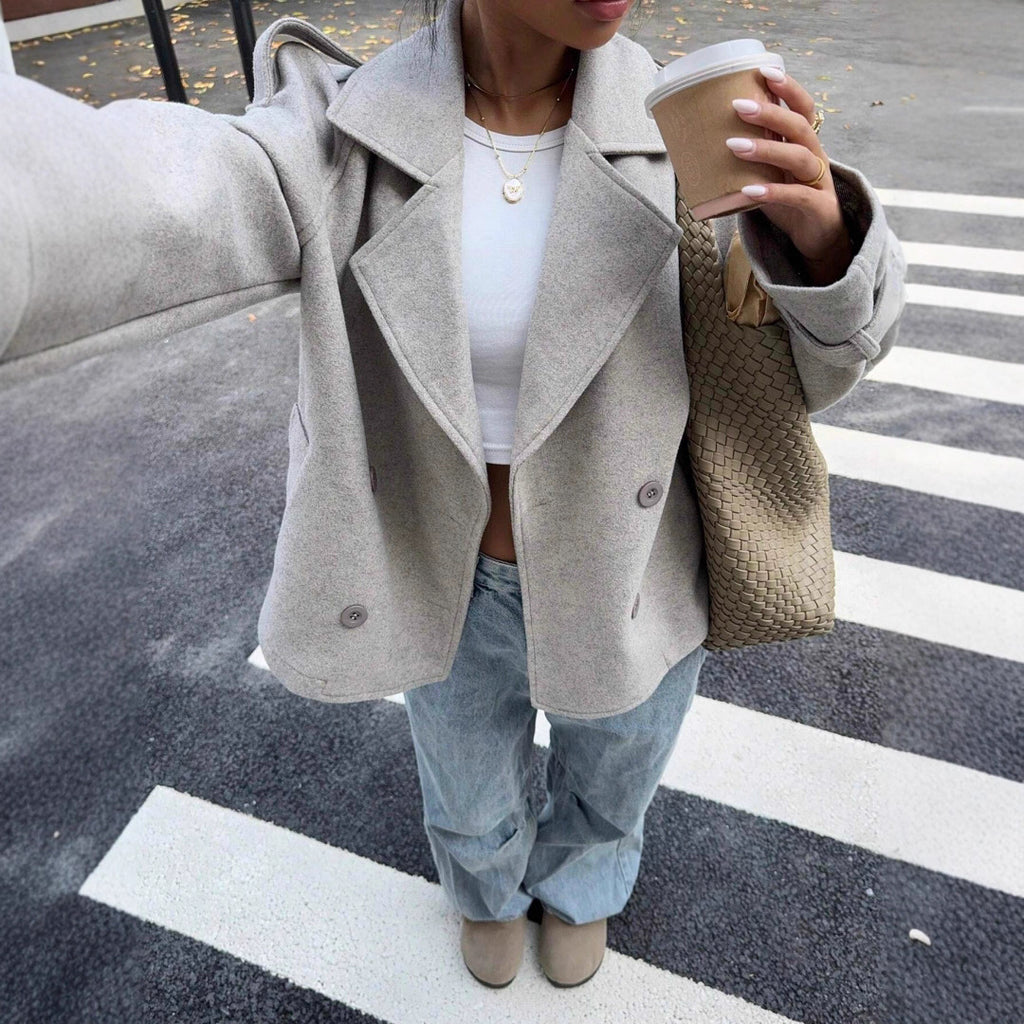 Women's Casual Loose Double Button Lapel Elegant Woolen Coat
