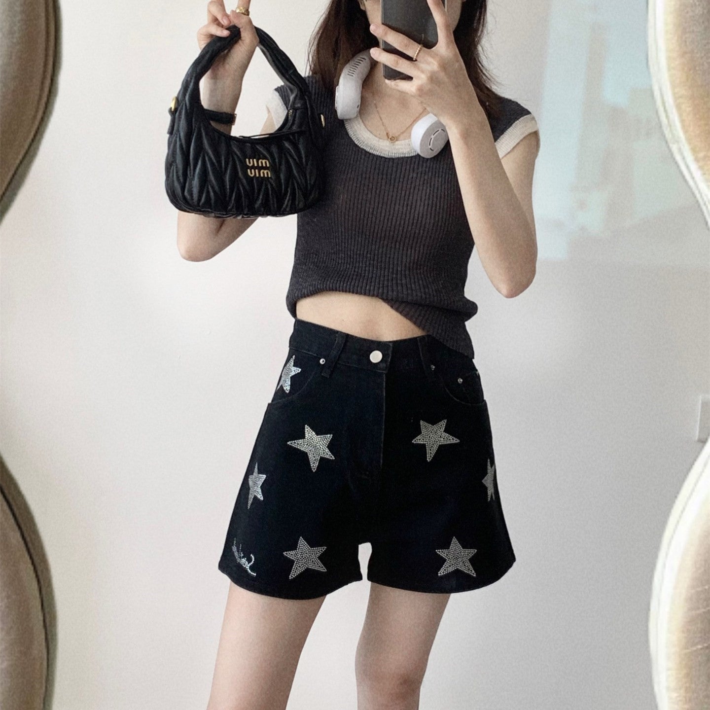 Light Luxury Silver Black Rhinestone Shorts For Women