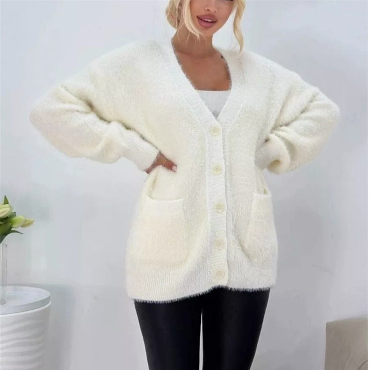 Women's Imitation Mink Pocket Knitted Cardigan For Autumn And Winter