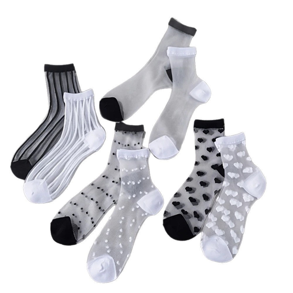 Spun Glass Crystal Tube Socks Women's Summer Thin Black Polka Dot Breathable Mesh