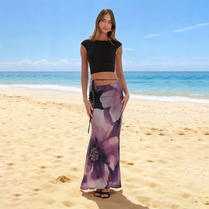 Summer Women's Beach Vacation Double-layer Tie-draped Skirt