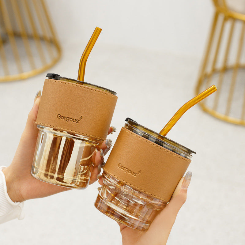 Creative Portable Bamboo Cup With Lid Straw Glass