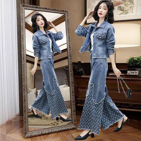 Denim Wide Leg Pants Suit Women Loose Plus Size Fashion Short Coat