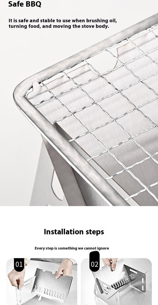 شواية شواء قابلة للطي خارجية من الفولاذ المقاوم للصدأ، سهلة الاستخدام، تعمل بالحطب، شواية صغيرة منزلية