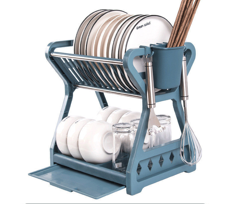 رف أطباق مزدوج الطبقات للمطبخ المنزلي مع تصريف بلاستيكي متعدد الوظائف للأرضية