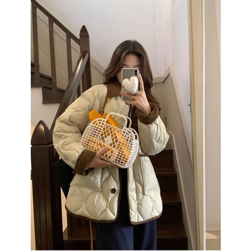 Design Lapel Hit Color Diamond Lattice Winter Coat