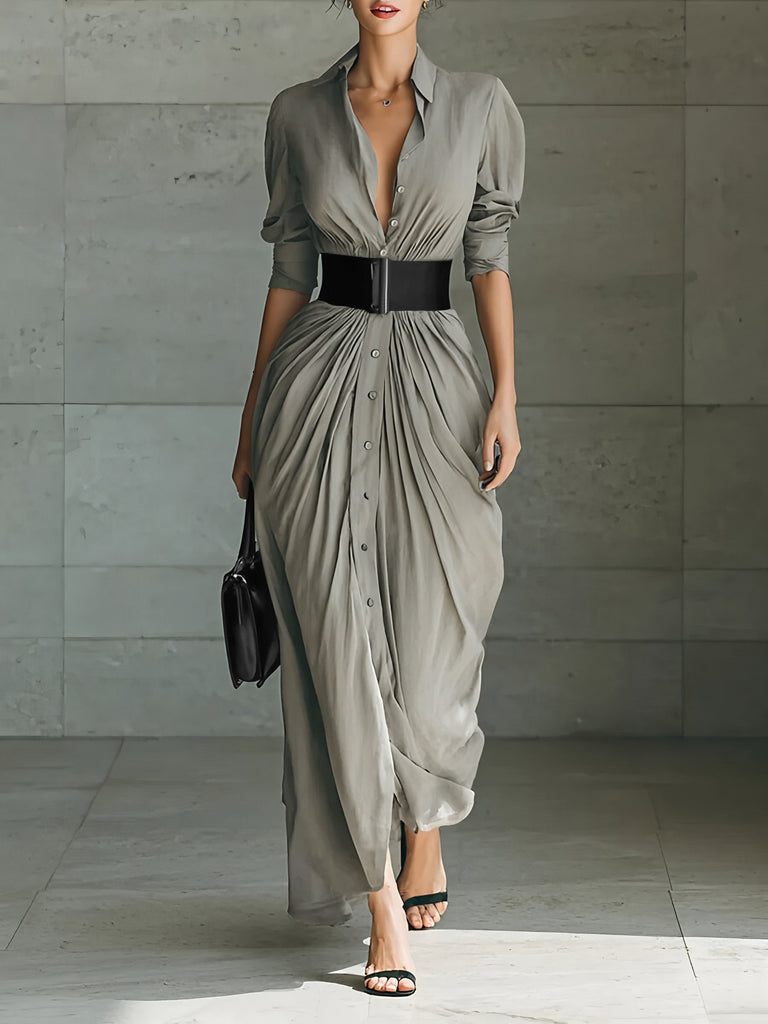 Fashionable Elegant Lapel Breasted Shirt Dress With Belt