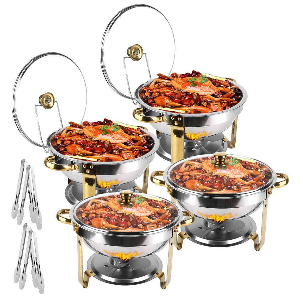 4Pcs Chafing Dish Buffet Set 4.76QT Round Buffet Servers Food Warmer Stainless Steel Catering Chafer With Glass Lid For Warming Cooling Gatherings Banquets Buffets Party Wedding