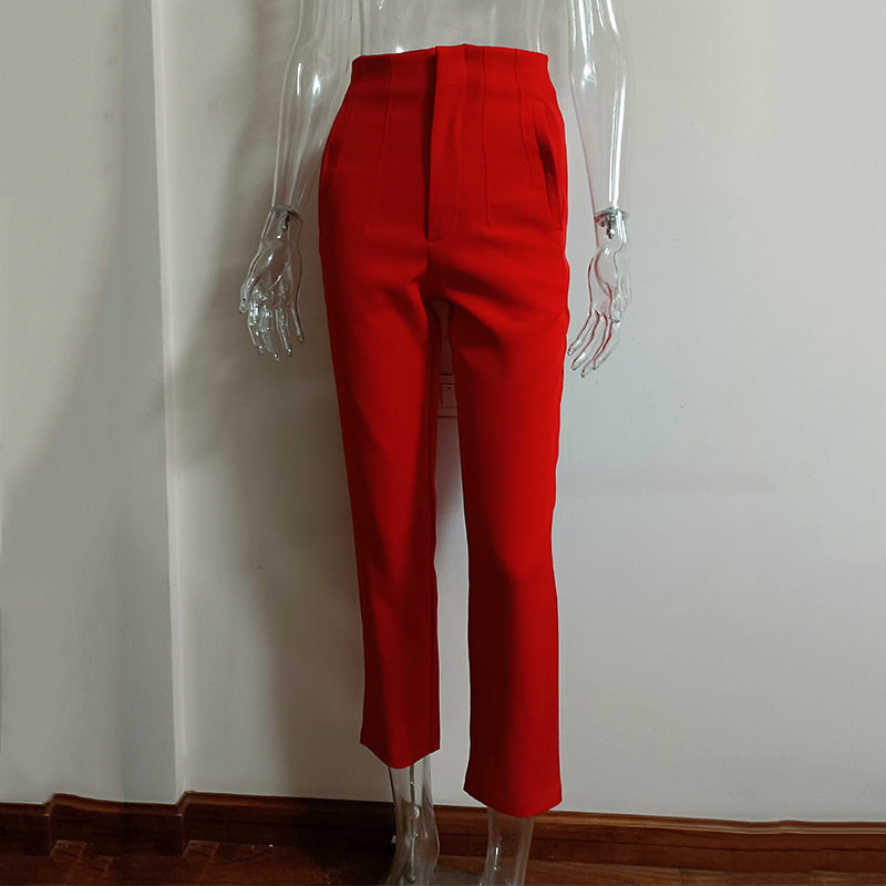Pleated Casual High Waist Pure Color Slim-fit Basic Pants