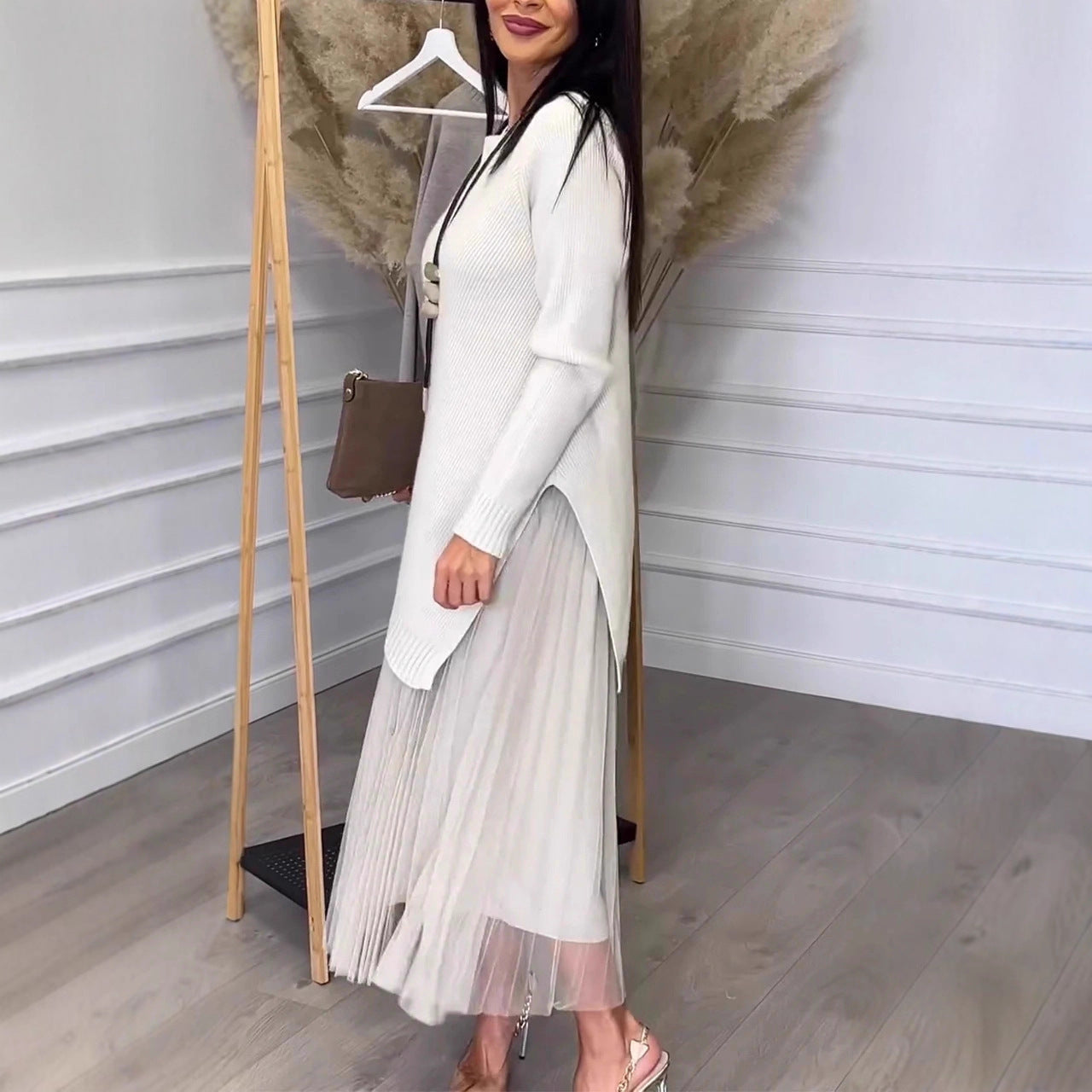 Lined Mesh Pleats Dress Suit For Women