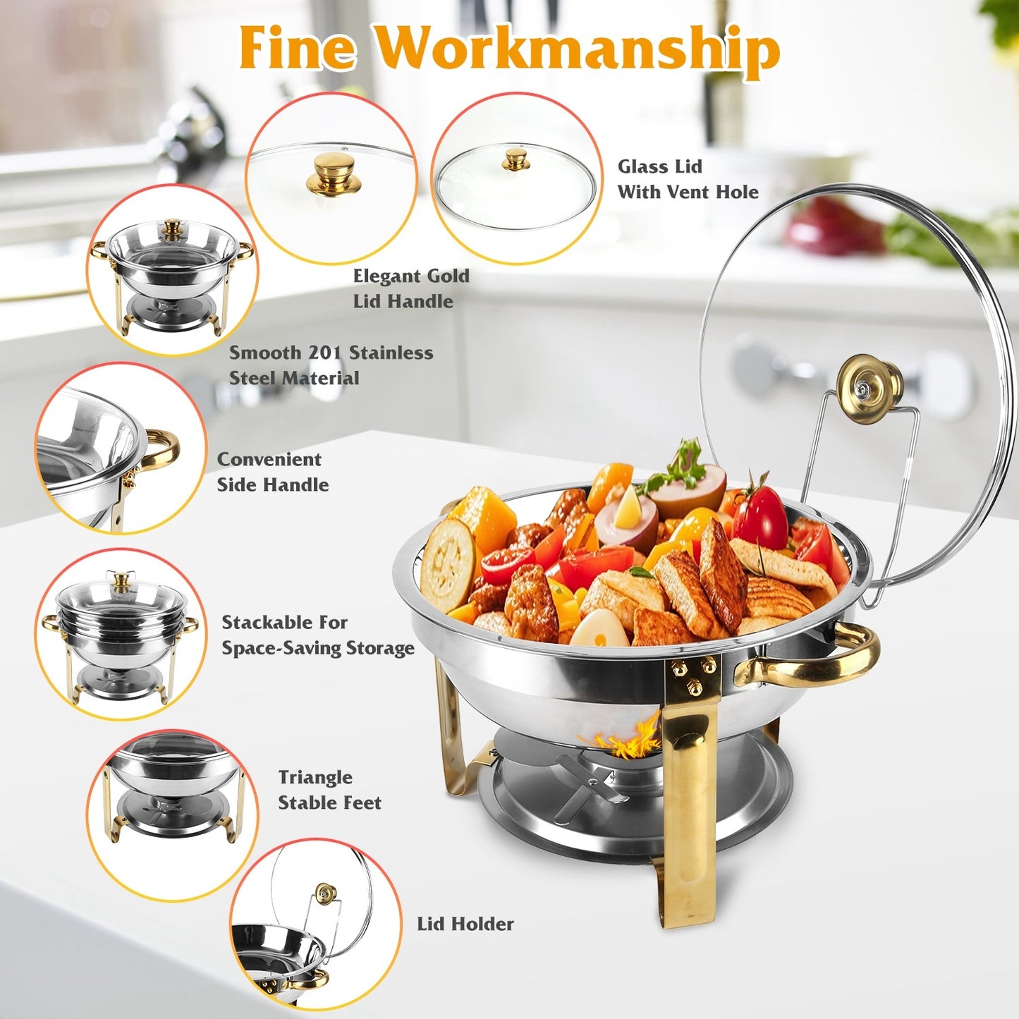 4Pcs Chafing Dish Buffet Set 4.76QT Round Buffet Servers Food Warmer Stainless Steel Catering Chafer With Glass Lid For Warming Cooling Gatherings Banquets Buffets Party Wedding