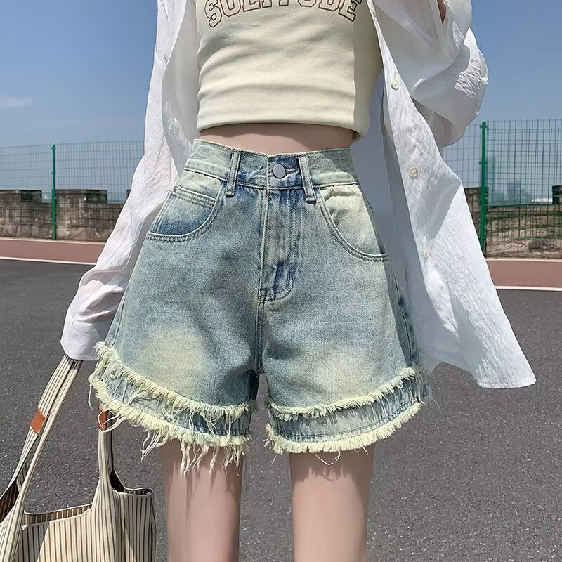 Raw-edge Denim Shorts For Women New Summer Style With A High Waist