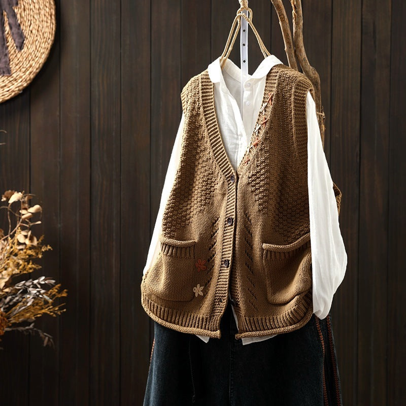 Hand-embroidered Cotton Thread Knitted Sleeveless Vest Cardigan