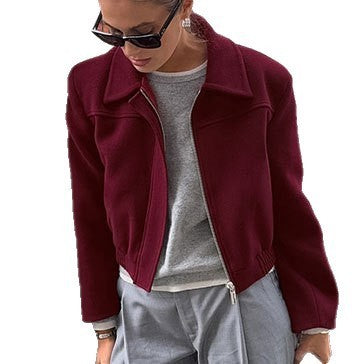 Retro Burgundy Wool Women's Short Casual Lapel Jacket