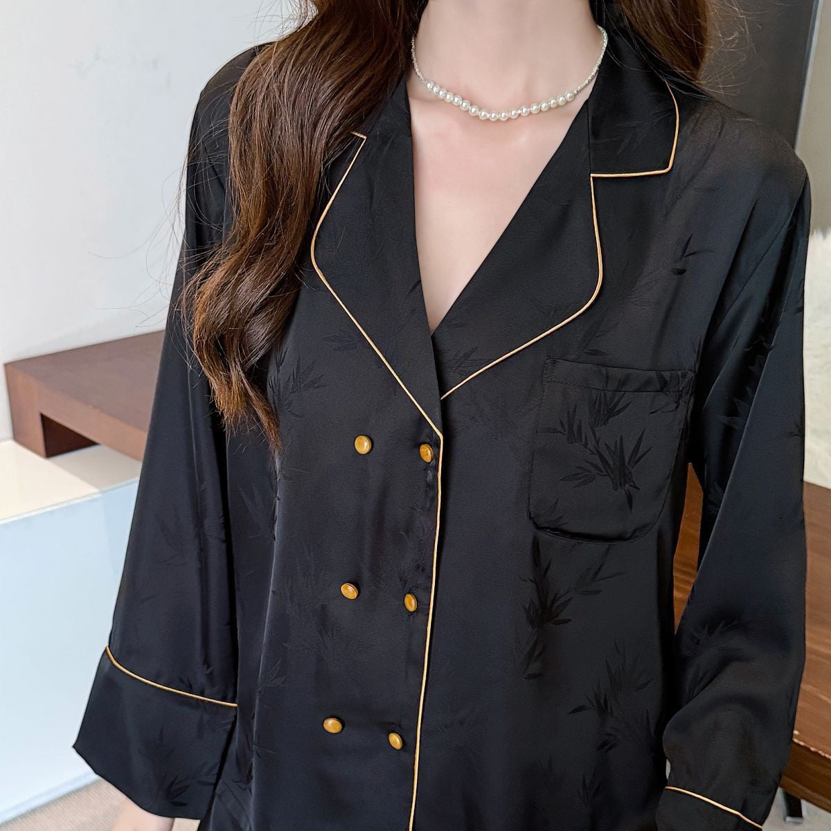 Double Breasted Ice Silk Pajamas Long Sleeve Homewear Suit