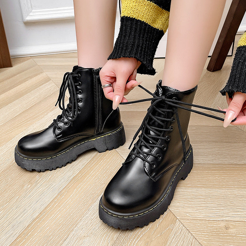 Versatile Lace-up Martin Boots With Thick Heels