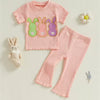 Baby Girl Cotton Short Sleeve Bell-bottom Pants Rabbit Embroidery Set