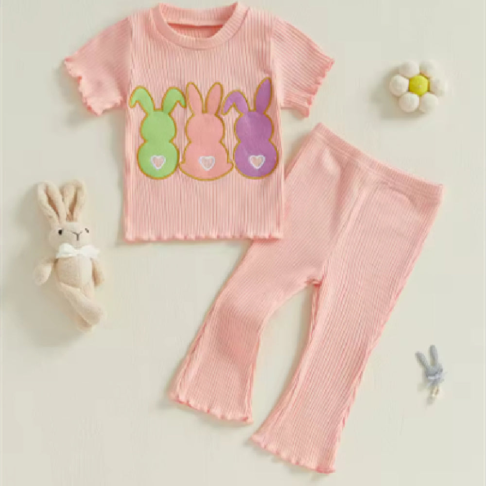 Baby Girl Cotton Short Sleeve Bell-bottom Pants Rabbit Embroidery Set