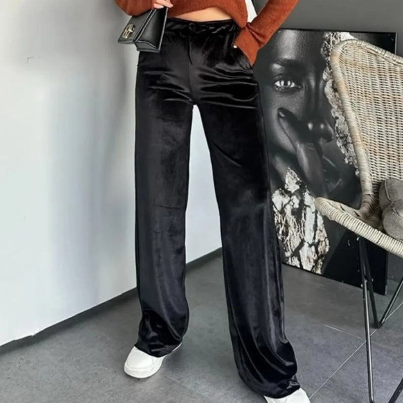 Black Shiny Velvet Drawstring High Waist Straight Leg Casual Pants