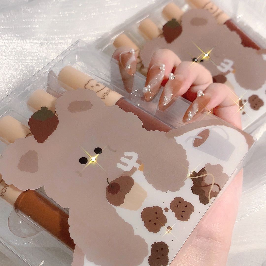 4 PCs Strawberry Bear Lip Glaze Set Matte Finish Velvet No Stain On Cup Student Beginner Lipstick - Eshtree