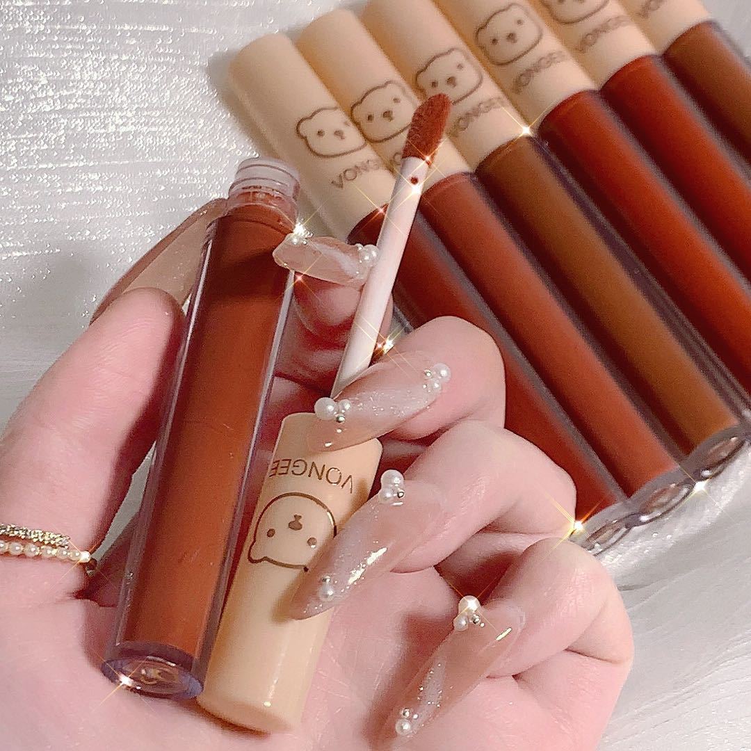 4 PCs Strawberry Bear Lip Glaze Set Matte Finish Velvet No Stain On Cup Student Beginner Lipstick - Eshtree