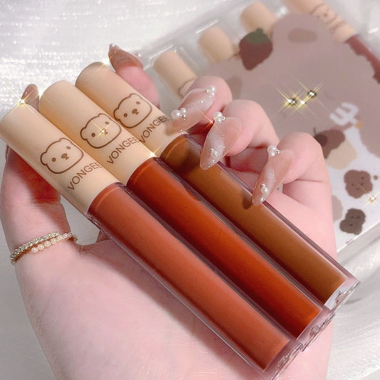 4 PCs Strawberry Bear Lip Glaze Set Matte Finish Velvet No Stain On Cup Student Beginner Lipstick - Eshtree