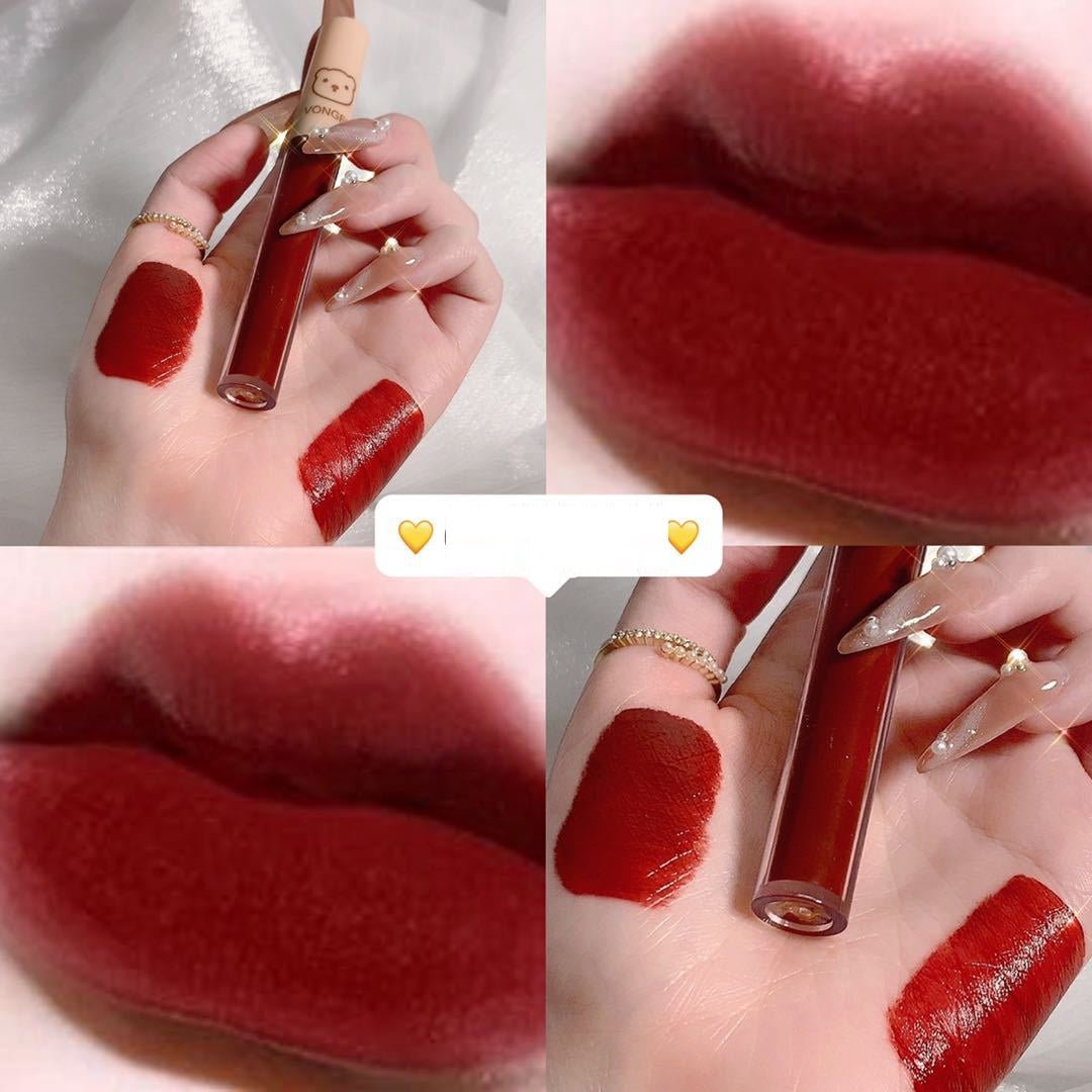 4 PCs Strawberry Bear Lip Glaze Set Matte Finish Velvet No Stain On Cup Student Beginner Lipstick - Eshtree