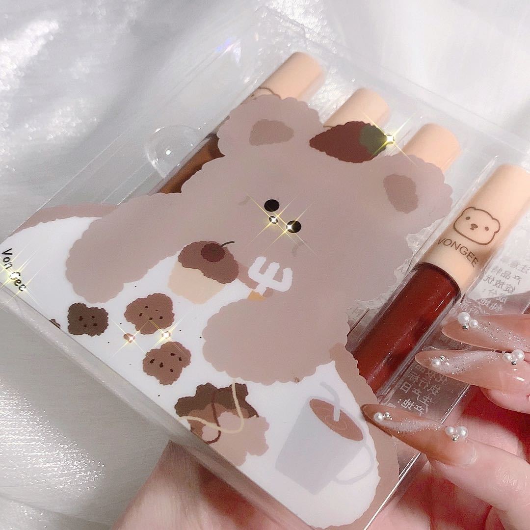 4 PCs Strawberry Bear Lip Glaze Set Matte Finish Velvet No Stain On Cup Student Beginner Lipstick - Eshtree