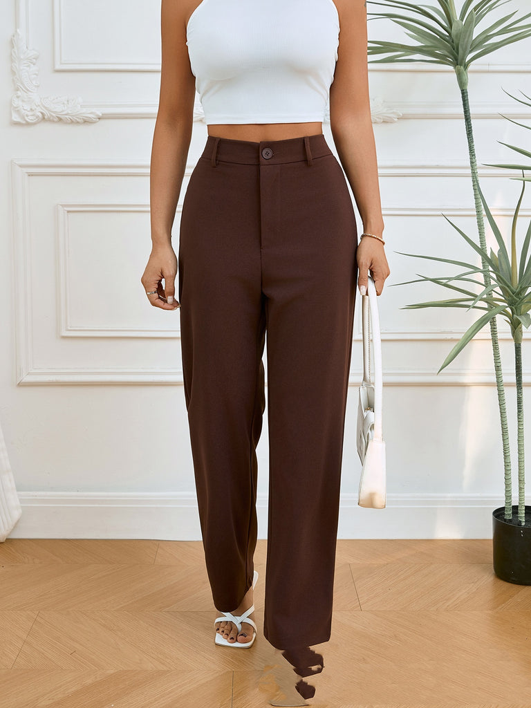 Spring And Autumn Solid Color Pocket Elastic Waist Pleated Casual Straight Pants