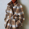 Women's Contrast Color Plaid Coat Waist-tied Coat