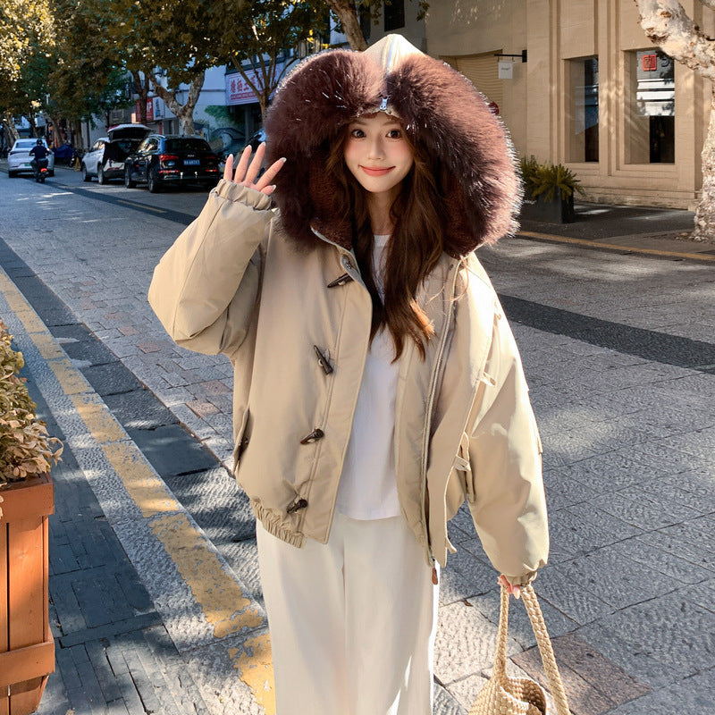 Big Fur Collar Hooded Horn Button Cotton-padded Jacket Women's Casual Loose