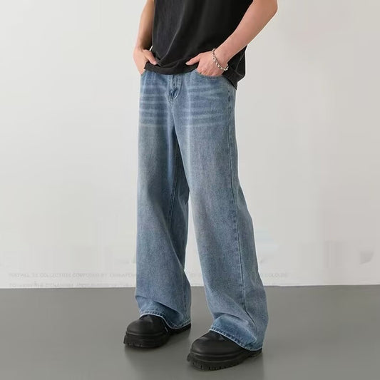 Mens Straight-Leg Relaxed-Fit Vintage Blue Denim Jeans In American Style