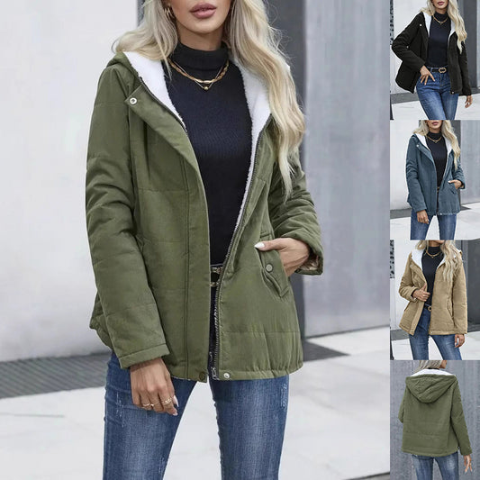 Fleece-lined Hooded Coat Winter Preppy Style Long Sleeve Jacket Warm Pockets Cotton Coat Women's Clothing