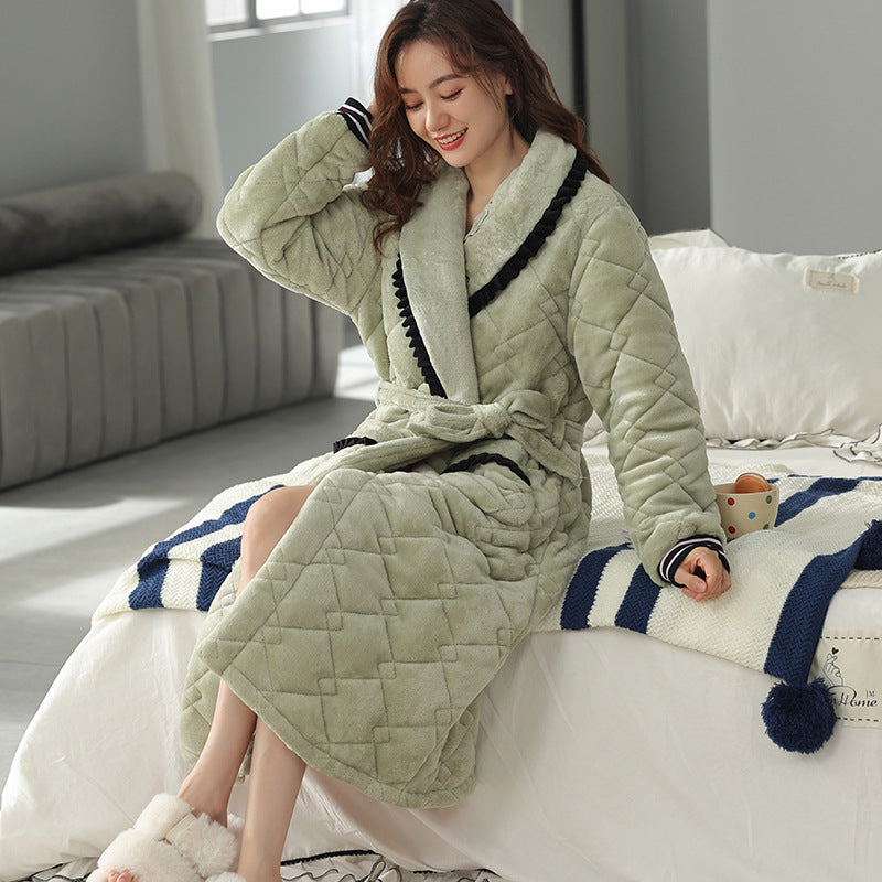 Women's Winter Thickened Mid-length Quilted Coral Fleece Bathrobe Pajamas
