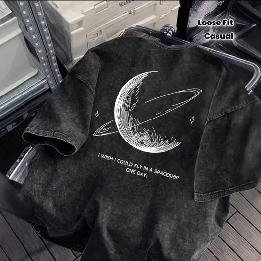 Loose-fit American-style Printed Washed-and-distressed Pure Cotton Short-sleeve Mens Shirt