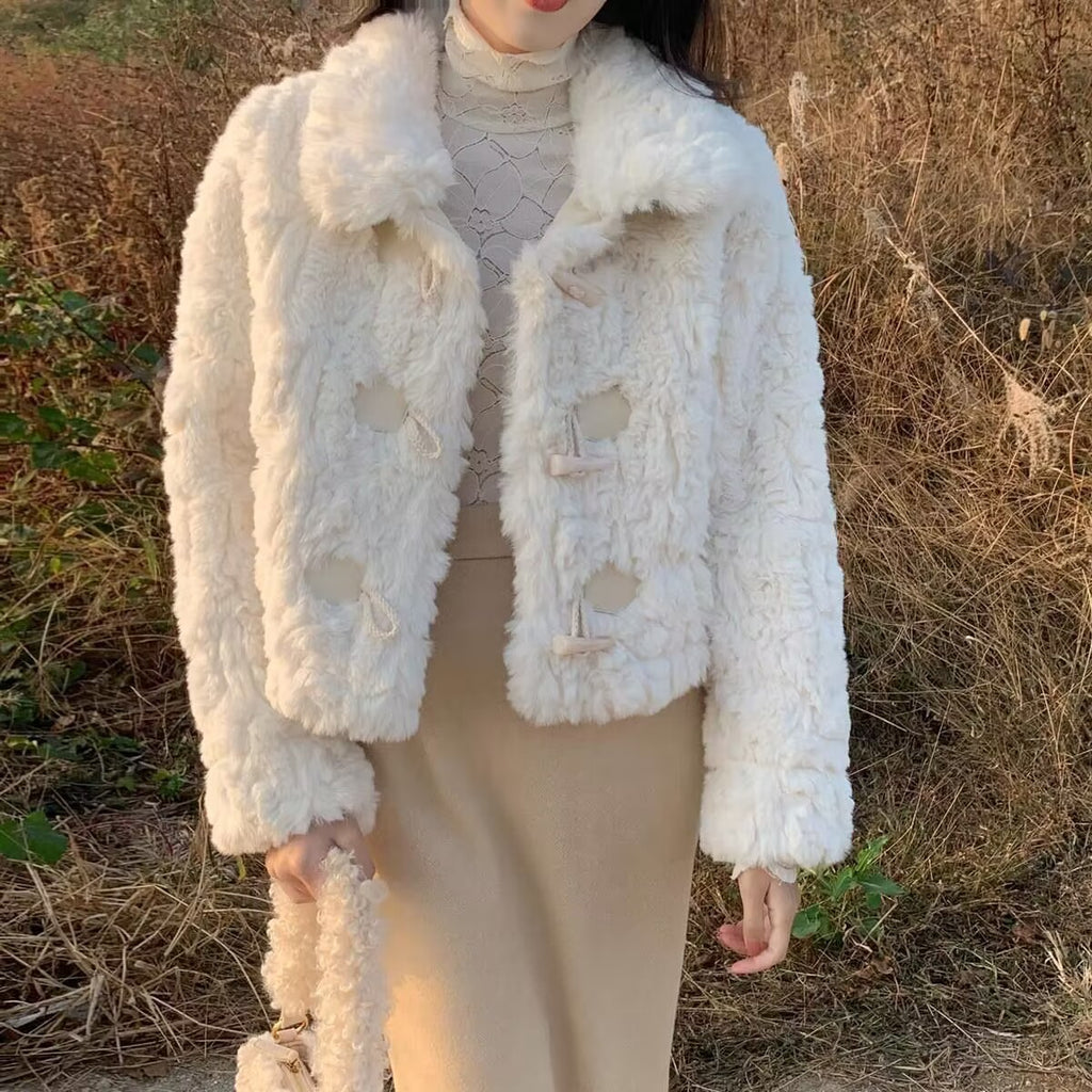 Lamb Fur Coat For Women Horn Button One-piece Loose