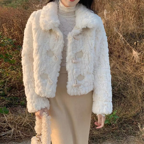 Lamb Fur Coat For Women Horn Button One-piece Loose