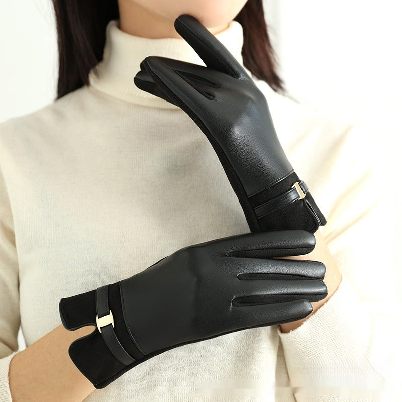 Personality Fleece-lined PU Gloves For Women