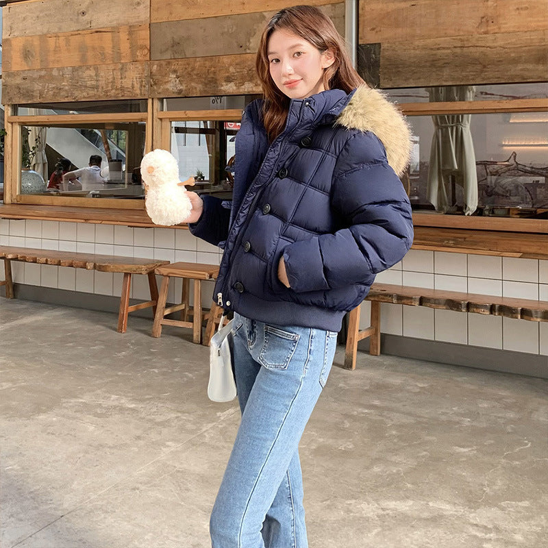 Winter Down Cotton Jacket Women's Short Big Fur Collar Hooded