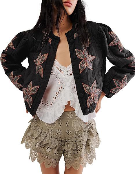 Washed Cotton Maple Leaf Affixed Cloth Embroidered Women's Coat Cotton-padded Jacket