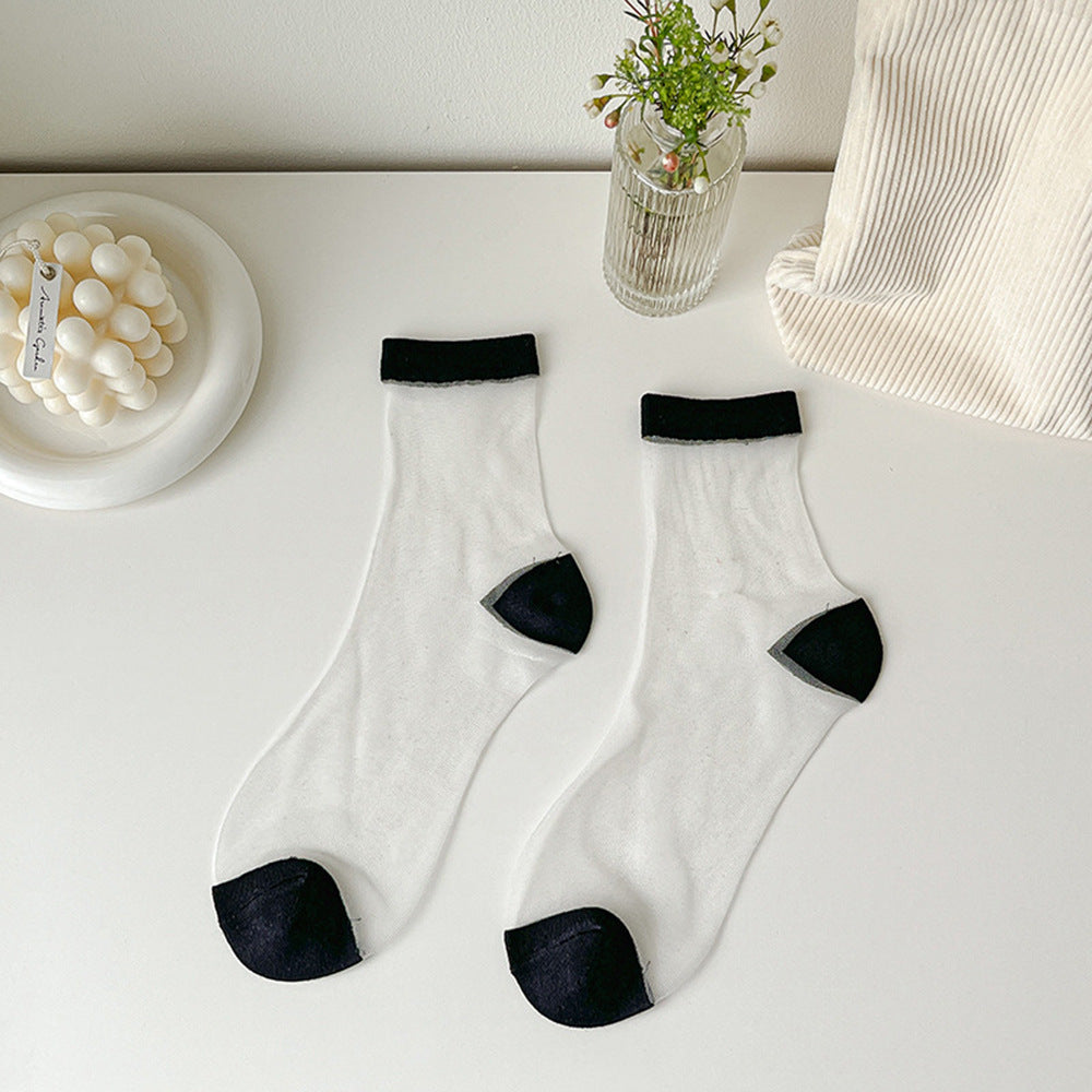 Spun Glass Crystal Tube Socks Women's Summer Thin Black Polka Dot Breathable Mesh