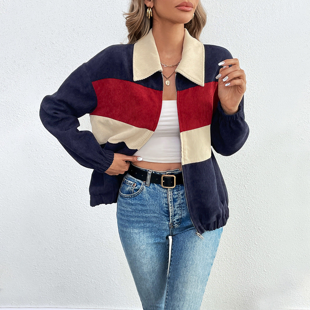 Color Contrast Patchwork Jacket Loose Casual Long Sleeves Ins Coat